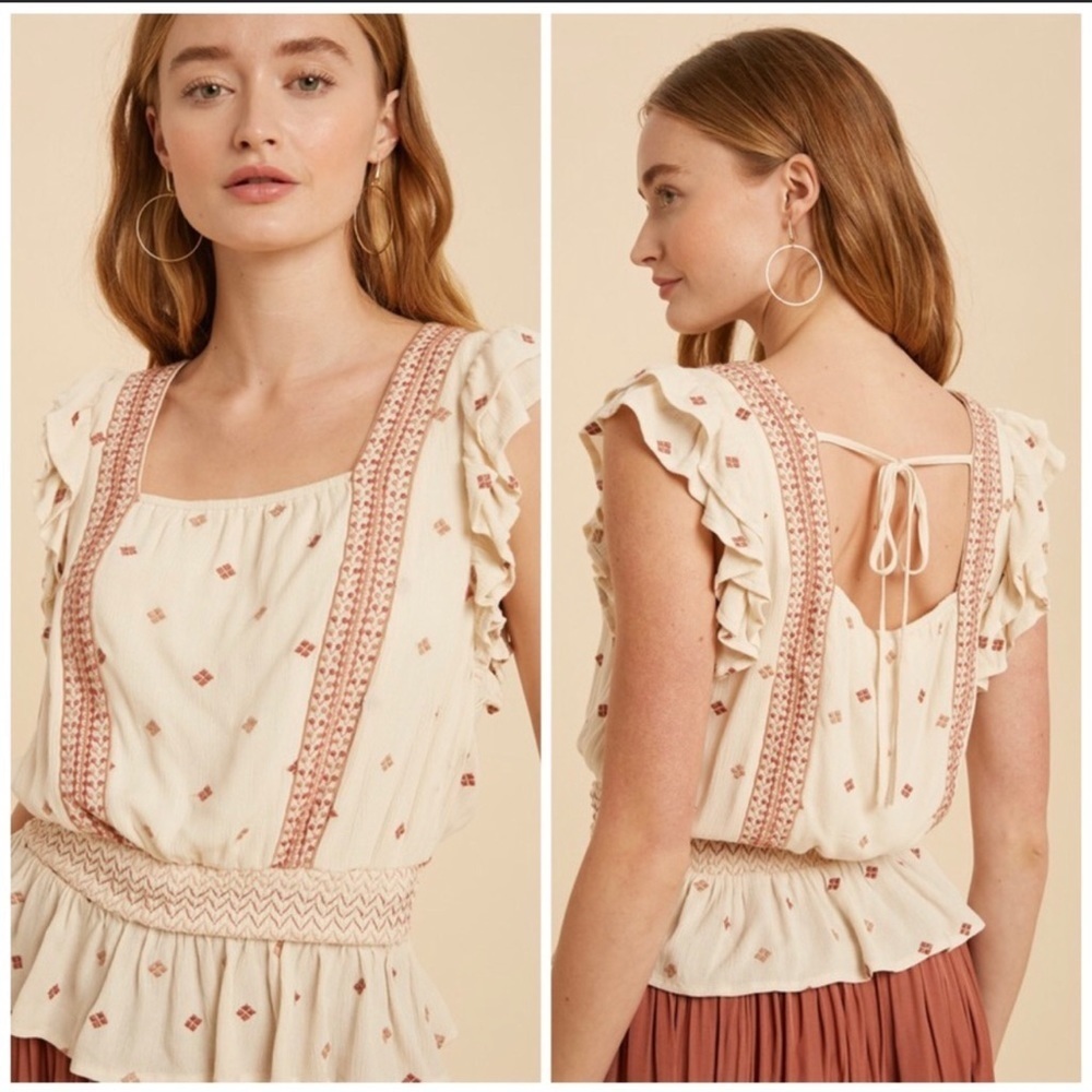 Embroidered Ruffle Sleeve Apron Top